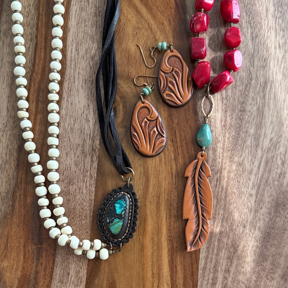 Artisan Leather and Bead Necklace Set
